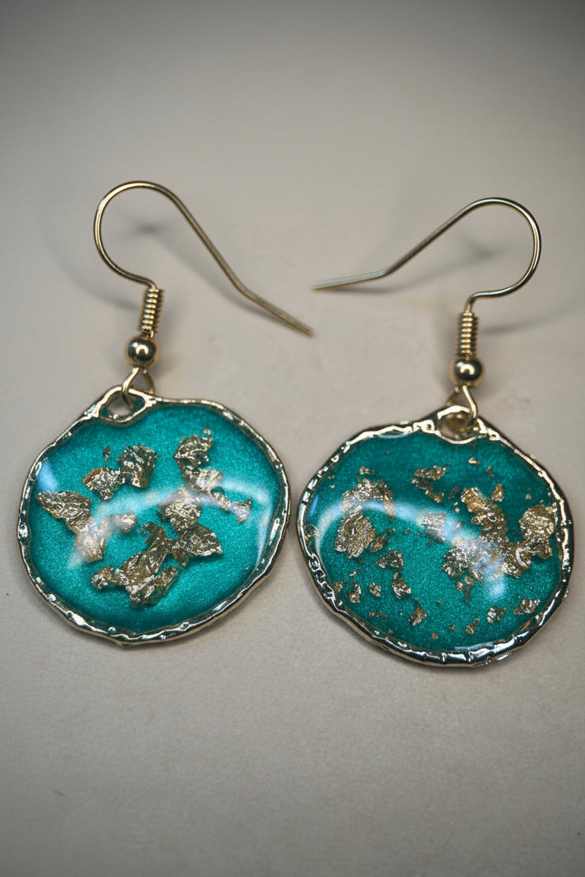 Mint Green & Gold Leaf Resin Disc Drop Earrings