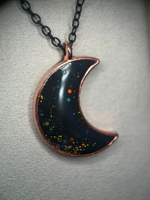Galaxy Crescent Moon Glitter Resin Necklace