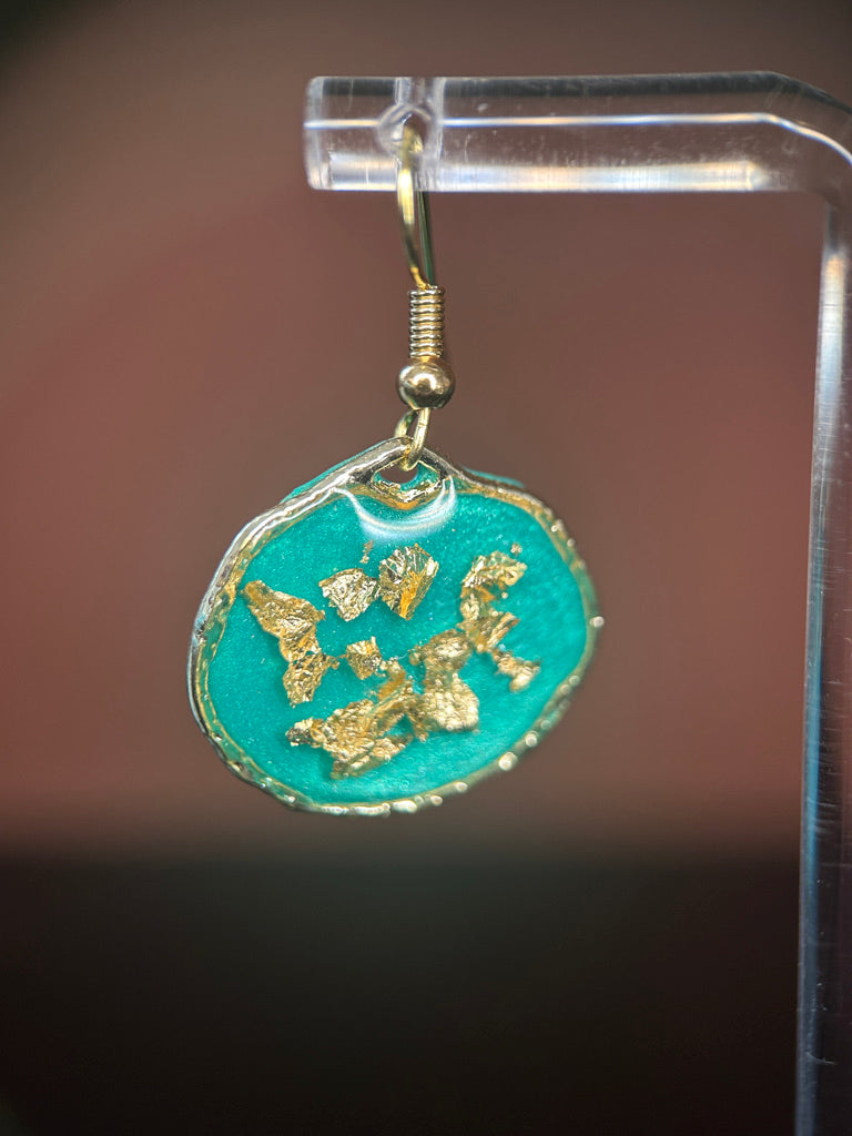 Mint Green & Gold Leaf Resin Disc Drop Earrings