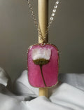 Single Stem Flower Pink Resin Rectangle Necklace