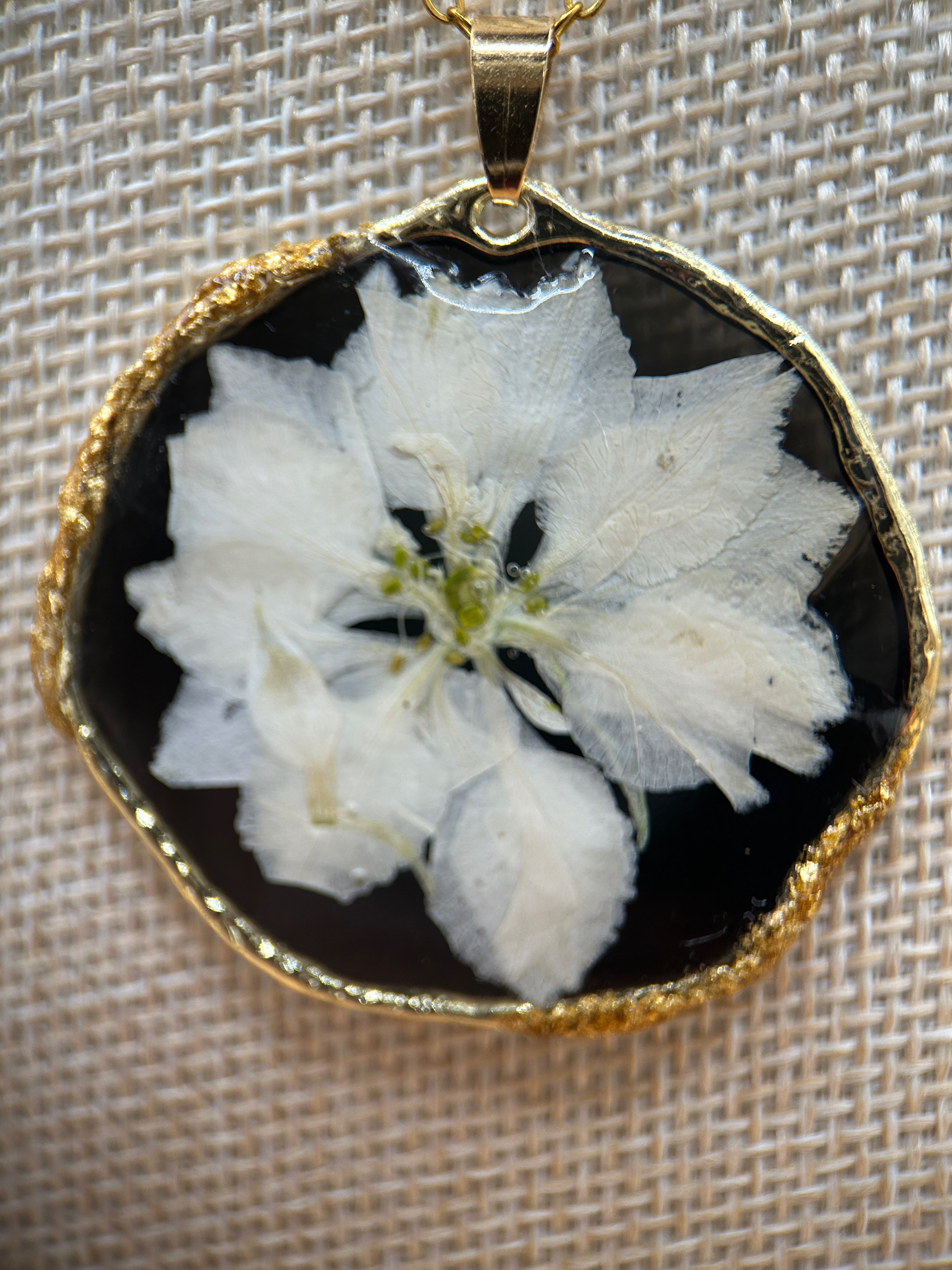 White Pressed Flower Black Resin Freeform Disc Necklace