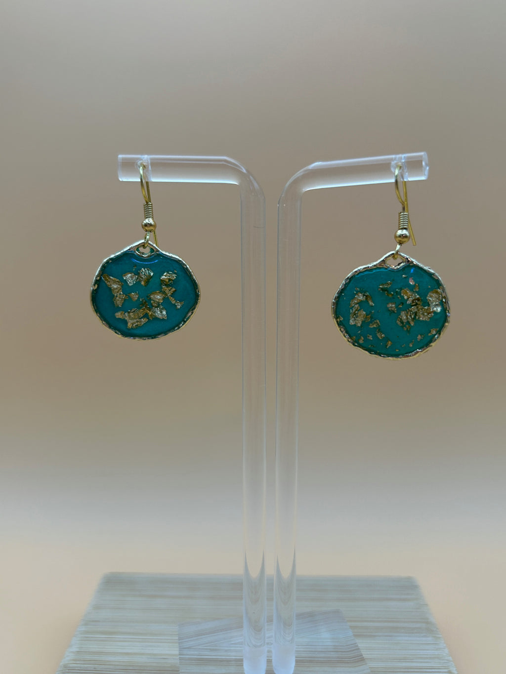 Mint Green & Gold Leaf Resin Disc Drop Earrings
