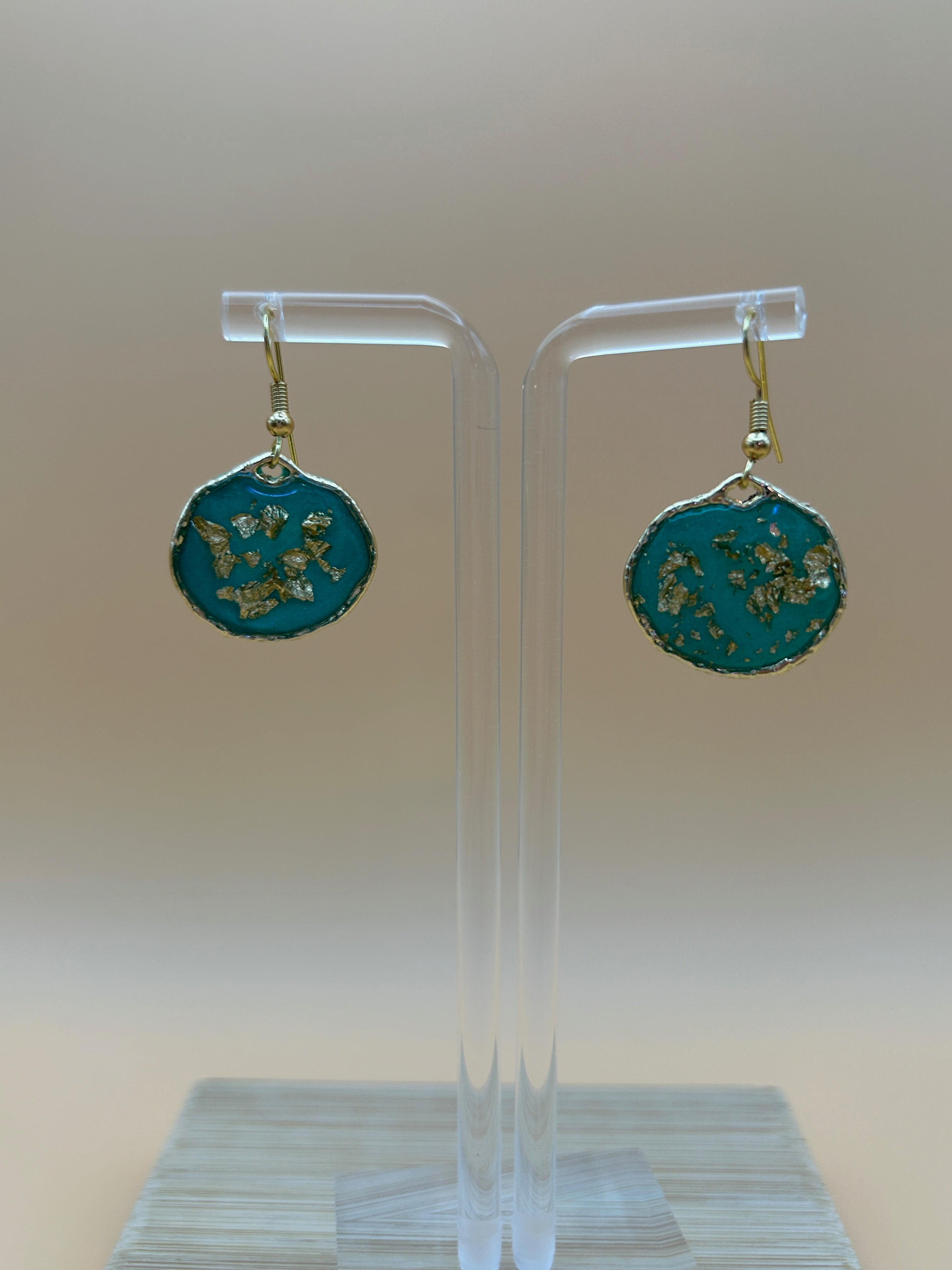 Mint Green & Gold Leaf Resin Disc Drop Earrings