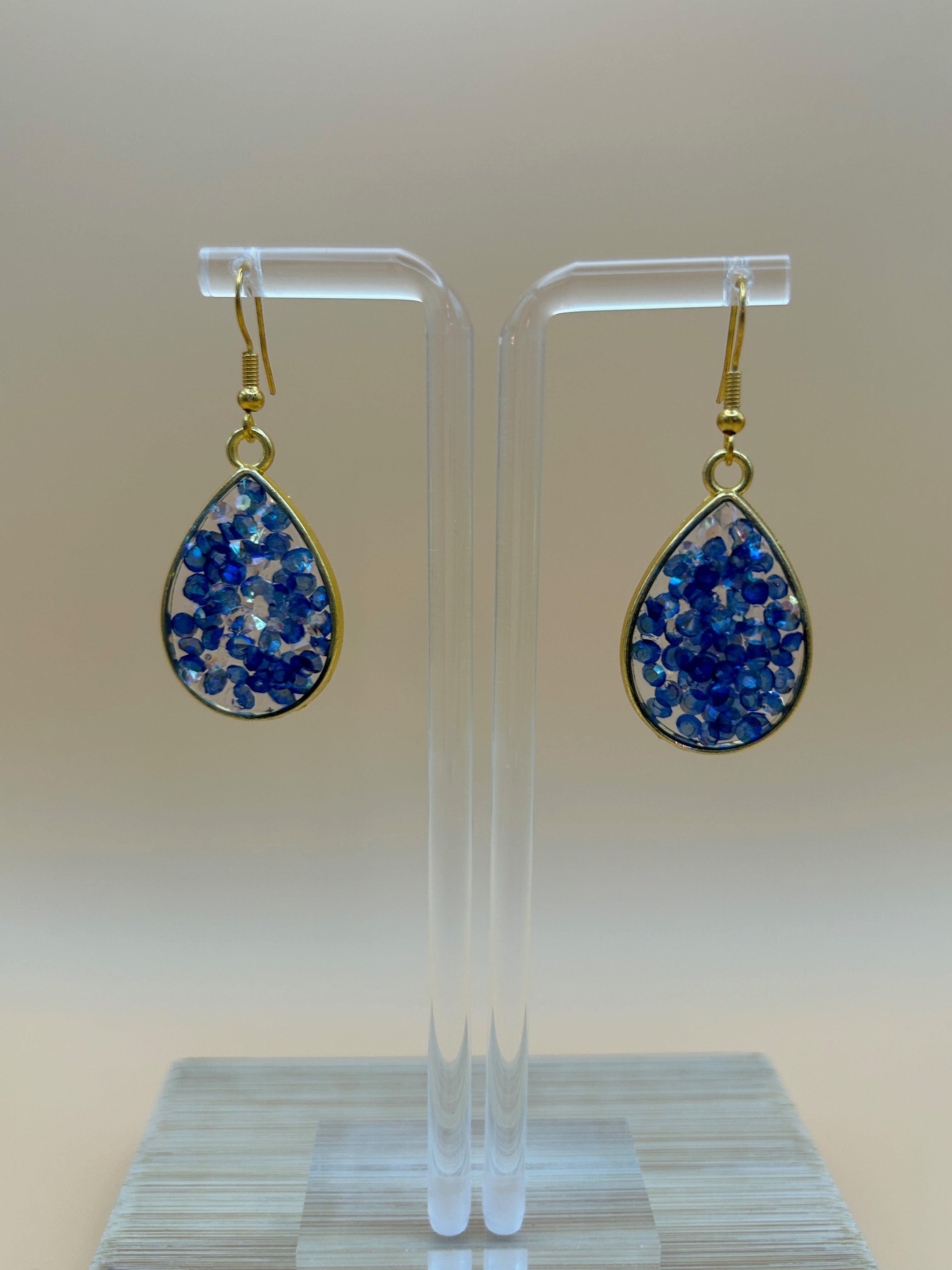 Blue Iridescent Crystal Chunk Resin Teardrop Earrings