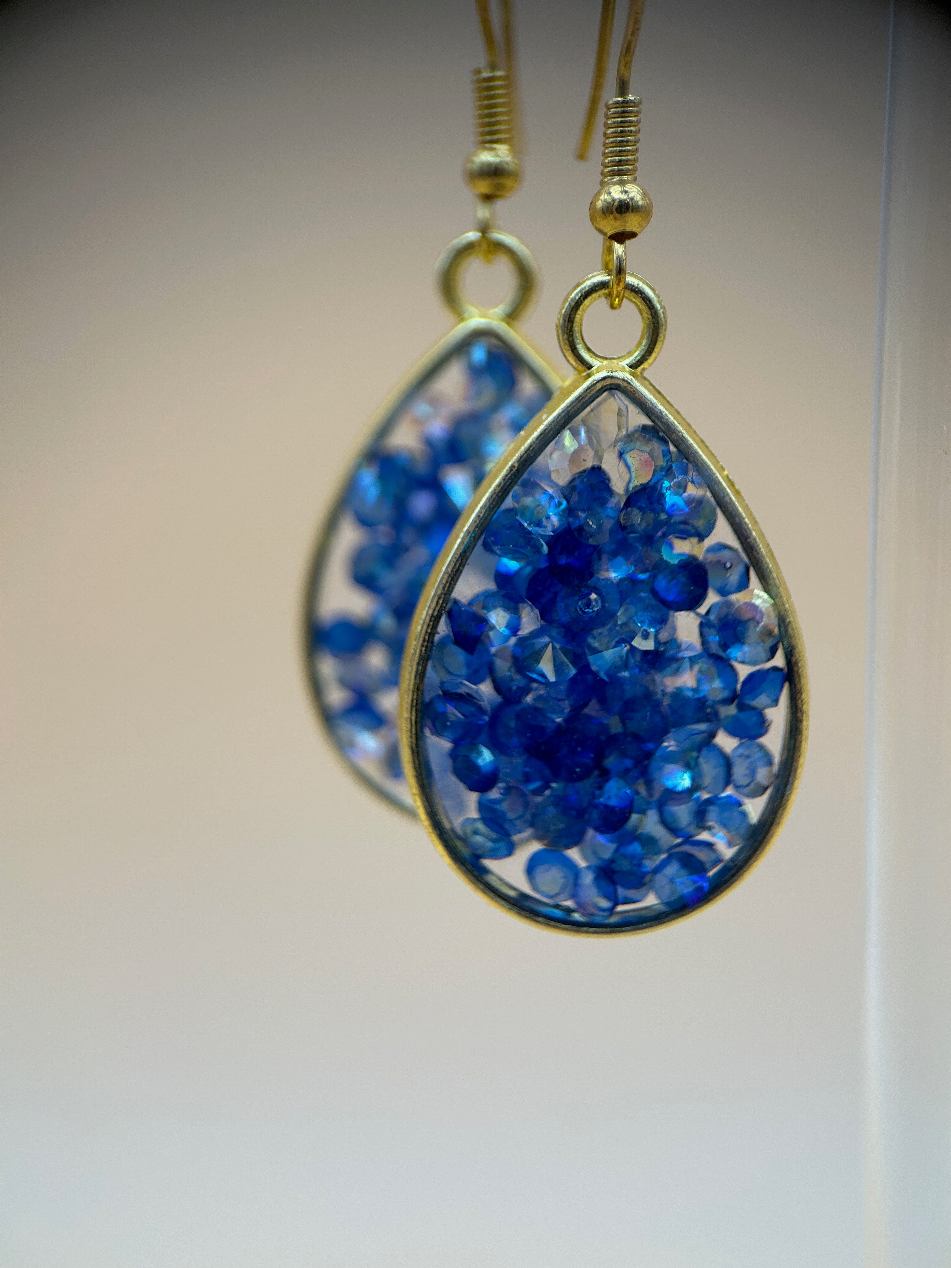 Blue Iridescent Crystal Chunk Resin Teardrop Earrings