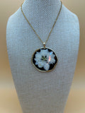 White Pressed Flower Black Resin Freeform Disc Necklace